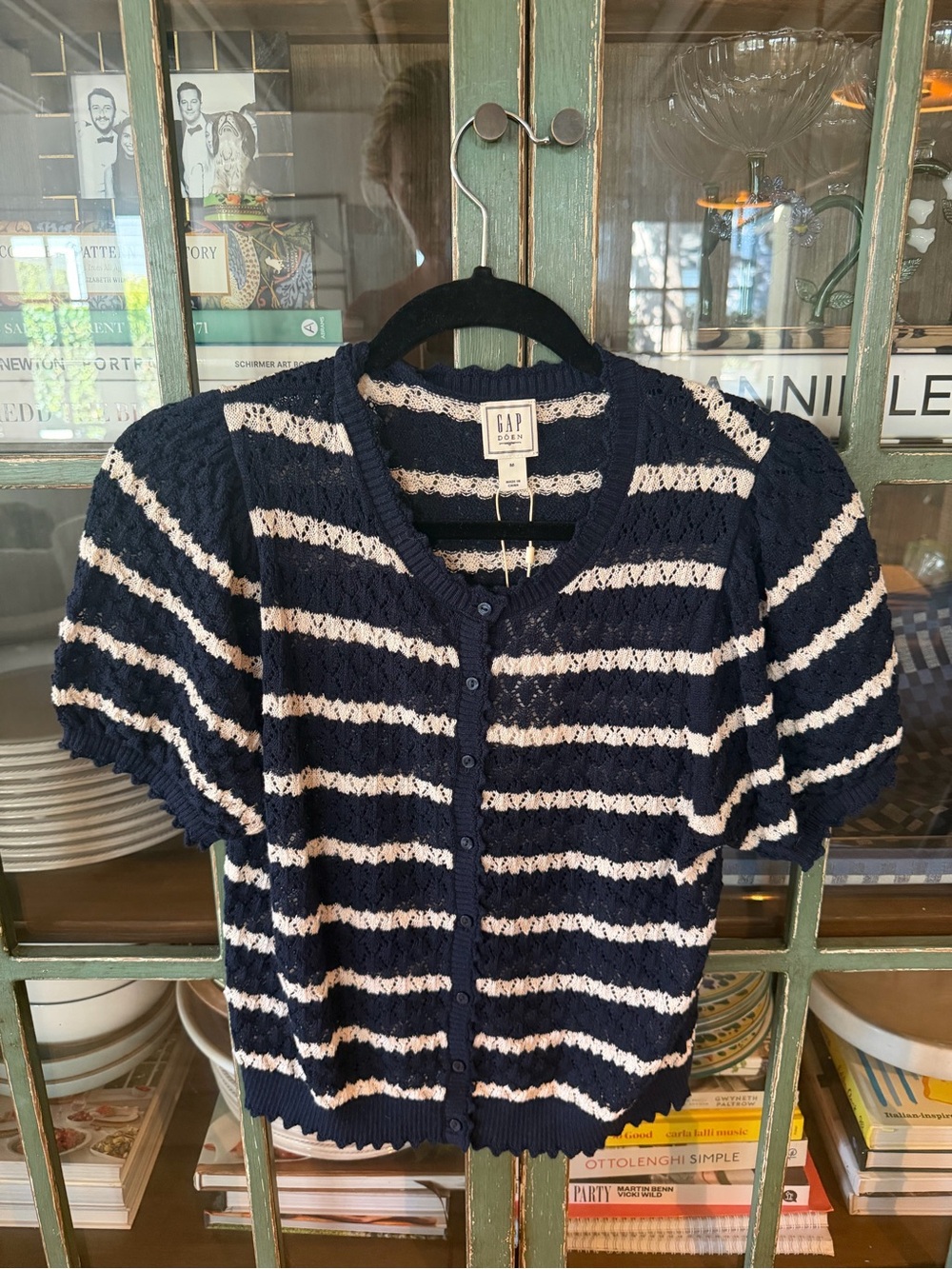 NWT GAP x DÔEN Striped Pointelle Puff Sleeve Knit Cardigan Top size M Sold Out